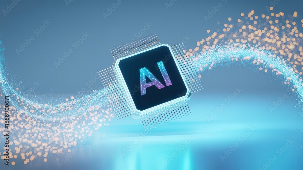 Aufkleber a glowing ai chip on a blue background with a trail of light particles flowing around it in a curve