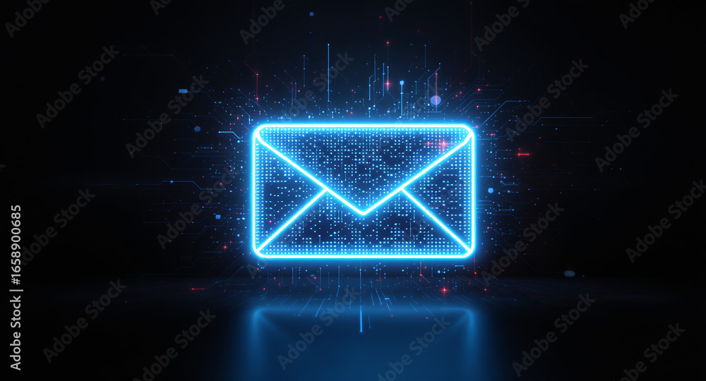 Poster high-tech glowing envelope email interface in dark background, digital security access panel, sci-fi