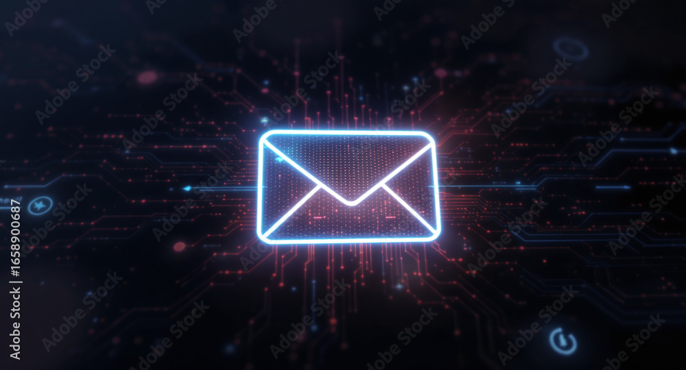 Poster high-tech glowing envelope email interface in dark background, digital security access panel, sci-fi