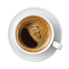 Overhead shot: Rich dark coffee fills a pristine white cup on a saucer A simple moment of caffeinated bliss is captured in this image