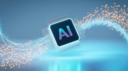 A glowing ai chip on a blue background with a trail of light particles flowing around it in a curve