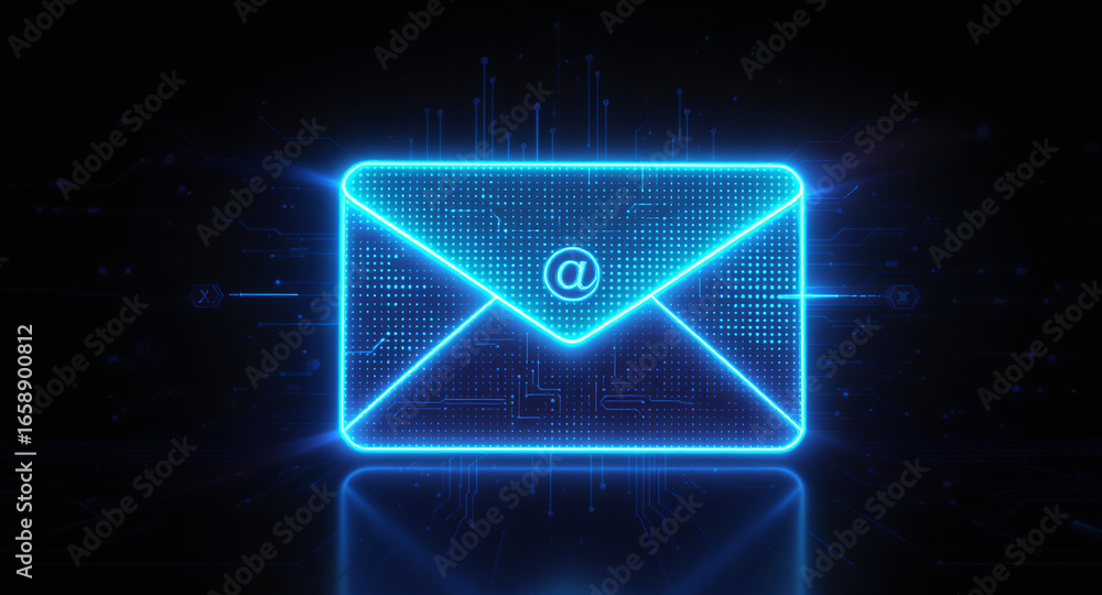 Poster high-tech glowing envelope email interface in dark background, digital security access panel, sci-fi
