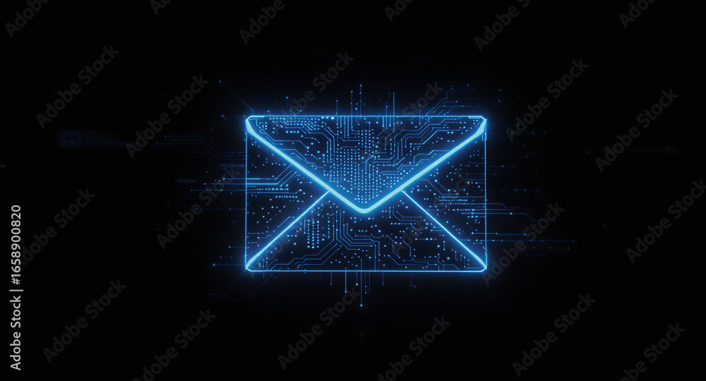 Poster high-tech glowing envelope email interface in dark background, digital security access panel, sci-fi
