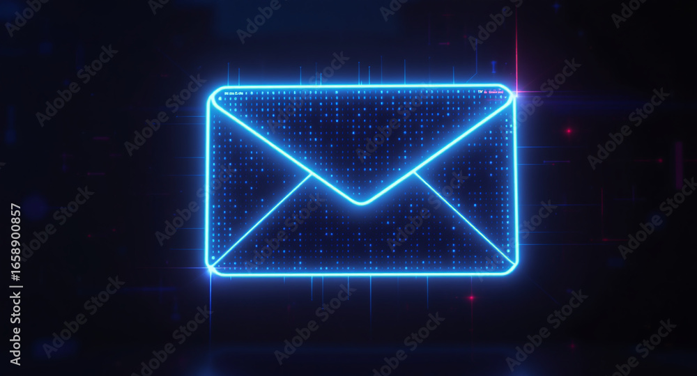 Poster high-tech glowing envelope email interface in dark background, digital security access panel, sci-fi