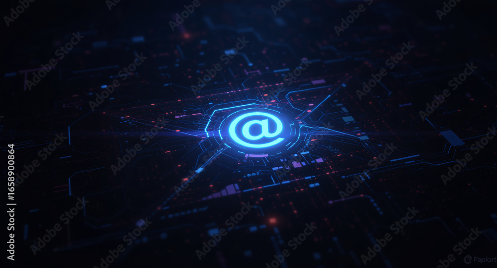 Poster high-tech glowing envelope email interface in dark background, digital security access panel, sci-fi
