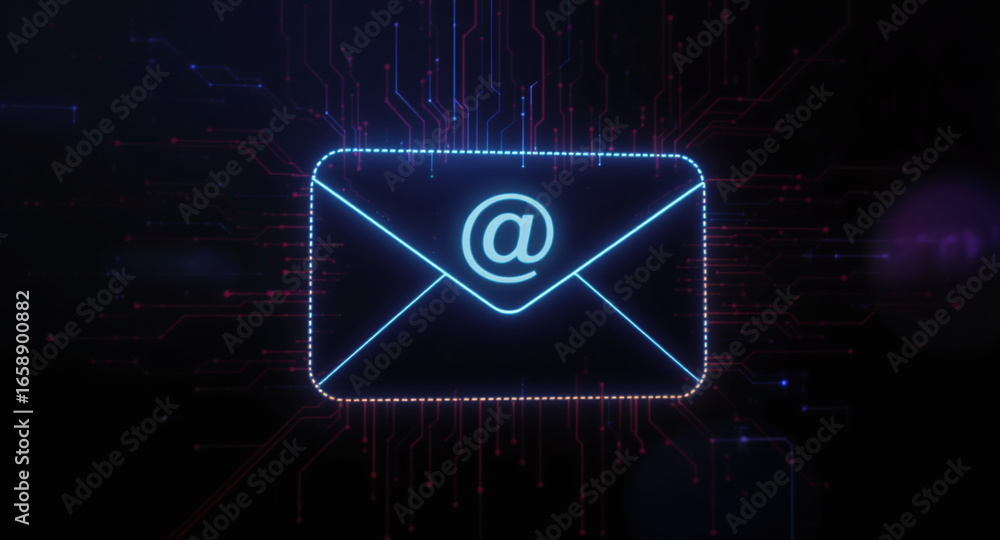 Poster high-tech glowing envelope email interface in dark background, digital security access panel, sci-fi