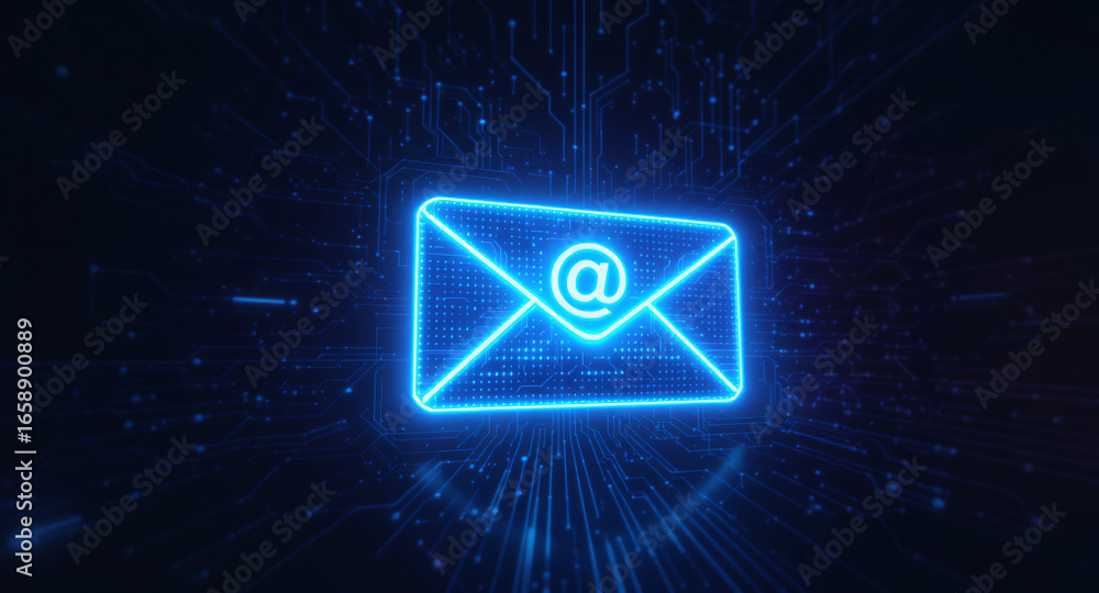 Poster high-tech glowing envelope email interface in dark background, digital security access panel, sci-fi