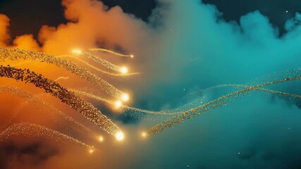 Gold trails across orange teal clouds background