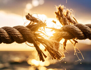Thick rope snaps in mid air as fibers explode under high tension during sunset on the ocean