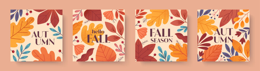 Autumn illustrations with leaves,berries,foliage and plants.Vector fall season modern cards.Trendy autumn templates for prints,ad,social media marketing,branding,packaging,covers.