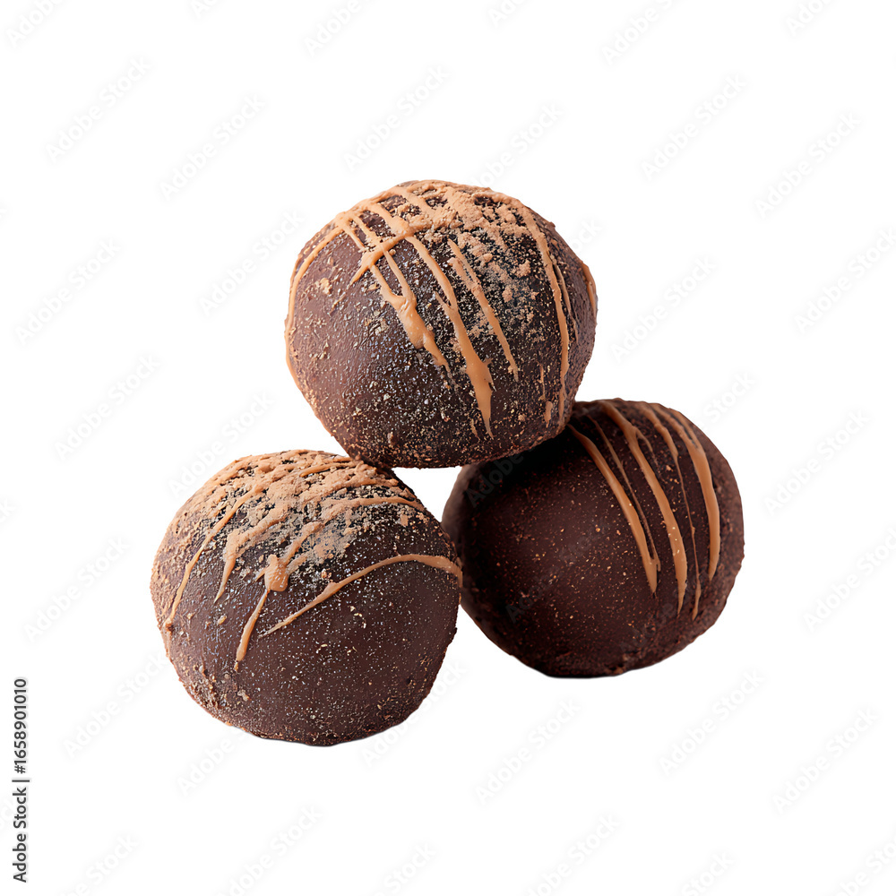 Poster delicious chocolate truffles adorned with delicate caramel drizzle and dusted cocoa stacked on a dar