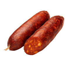 Two reddish brown sausages one sliced open to show the interior against a stark black background emphasizing texture and color