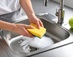 Hands scrubbing a stainless steel kitchen sink with a sponge and foam during a cleaning task