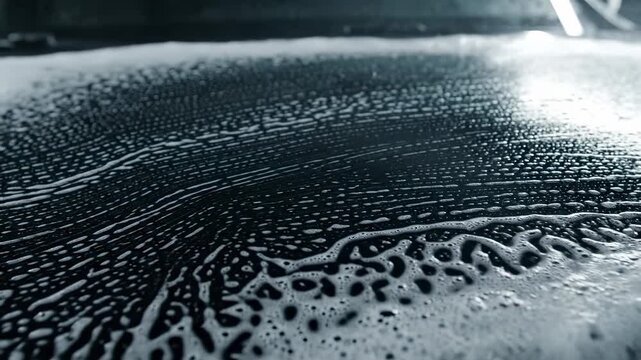 Foam and soap on a black surface being cleaned. An abstract macro shot showing texture and detail. Cleaning process, auto detailing, hygiene concept.