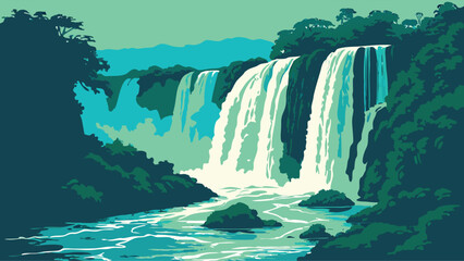 Minimalist illustration of a serene waterfall surrounded by lush natural scenery