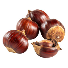 Obraz premium A collection of glossy brown chestnuts some whole some cracked open revealing the edible nut inside against a stark black backdrop