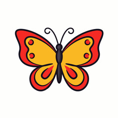 A vibrant cartoon butterfly with bright yellow and red wings, featuring a simple, cheerful design, isolated on a clean white background.