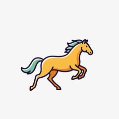 A vibrant, stylized vector illustration depicts a majestic golden horse with a flowing teal mane and tail, captured mid-gallop against a clean white background.