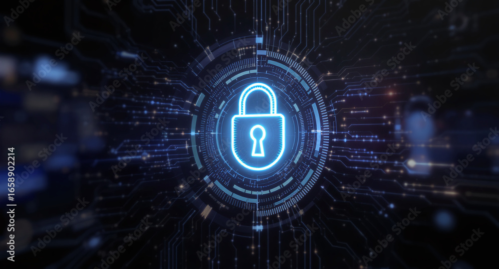 Poster high-tech glowing lock interface in dark background, digital security access panel, sci-fi design