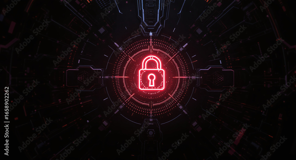 Poster high-tech glowing lock interface in dark background, digital security access panel, sci-fi design