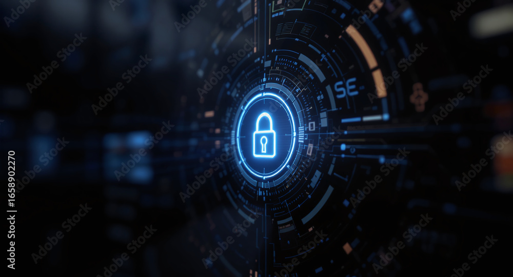 Poster high-tech glowing lock interface in dark background, digital security access panel, sci-fi design