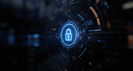 Obraz premium high-tech glowing lock interface in dark background, digital security access panel, sci-fi design