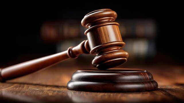 Closeup of a wooden judges gavel resting on a table symbolizing justice law legal authority and courtroom decisions with blurred background	
