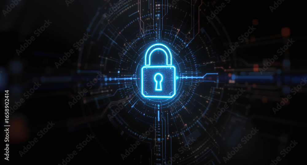 Poster high-tech glowing lock interface in dark background, digital security access panel, sci-fi design