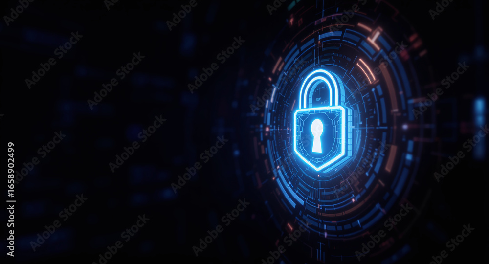 Poster high-tech glowing lock interface in dark background, digital security access panel, sci-fi design