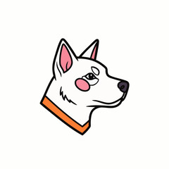 A cute, minimalist vector illustration of a white dog's head in profile, featuring an orange collar and pink accents, perfect for pet-related designs.