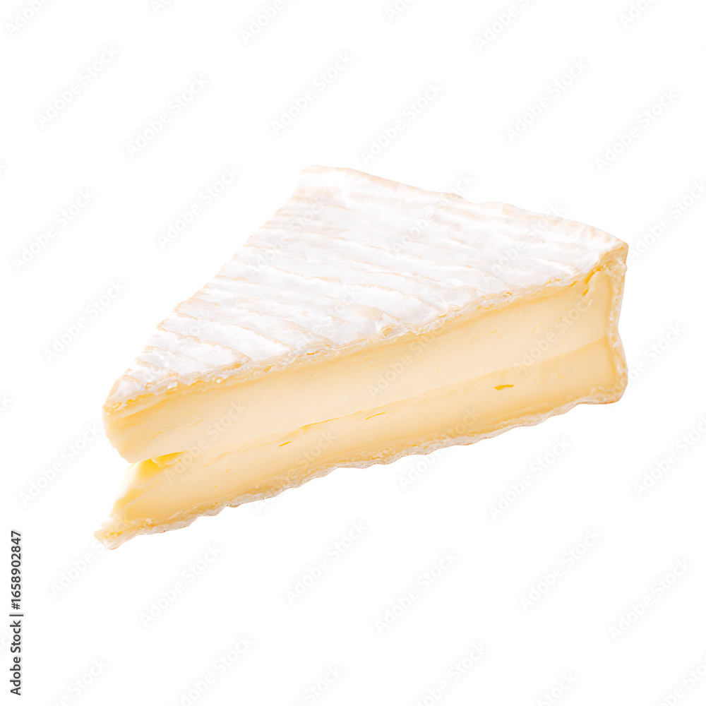 Poster a creamy triangle wedge of soft cheese with a bloomy rind this cheese is known for its soft texture 
