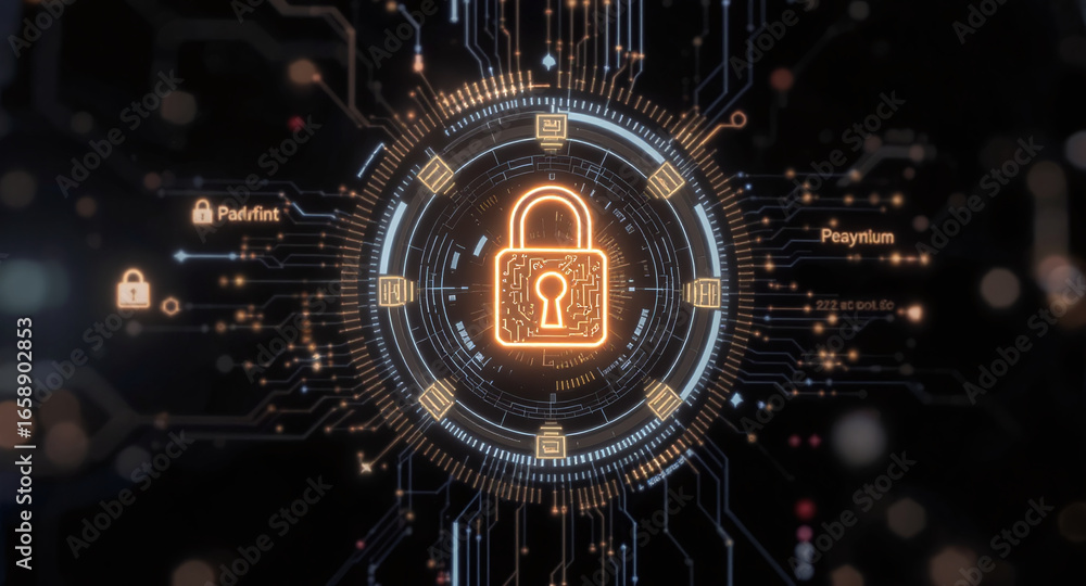 Poster high-tech glowing lock interface in dark background, digital security access panel, sci-fi design