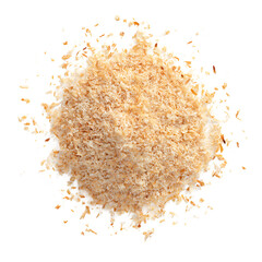 Toasted coconut flakes atop a white surface casting shadows on a black backdrop evoke a tropical essence and culinary creativity