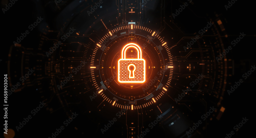 Poster high-tech glowing lock interface in dark background, digital security access panel, sci-fi design