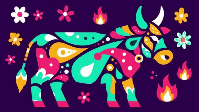 Vibrant Animated Bull: Fiesta Colors & Floral Patterns