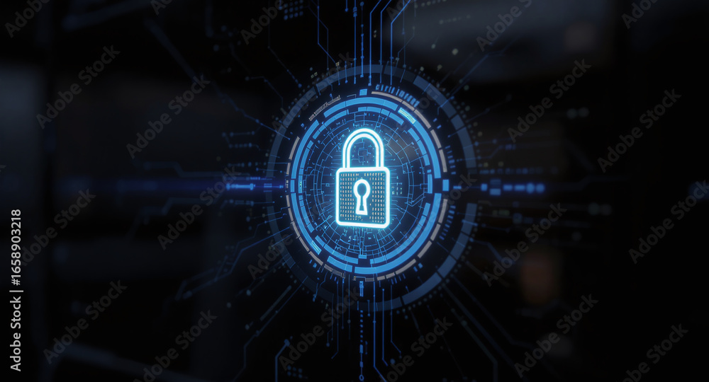 Poster high-tech glowing lock interface in dark background, digital security access panel, sci-fi design