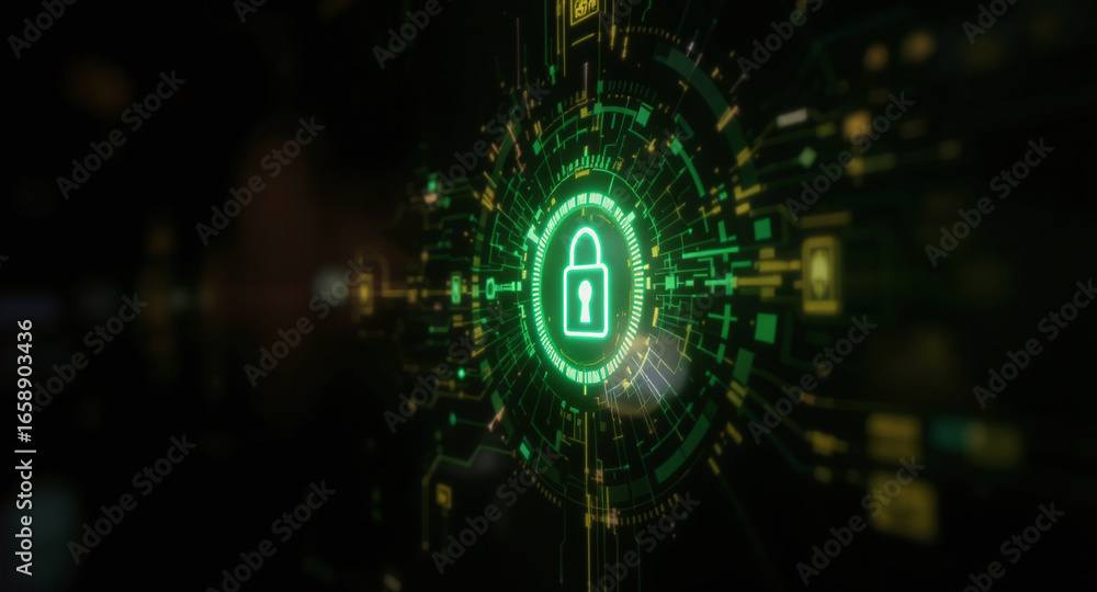 Poster high-tech glowing lock interface in dark background, digital security access panel, sci-fi design