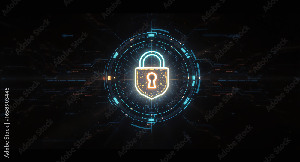 Poster high-tech glowing lock interface in dark background, digital security access panel, sci-fi design