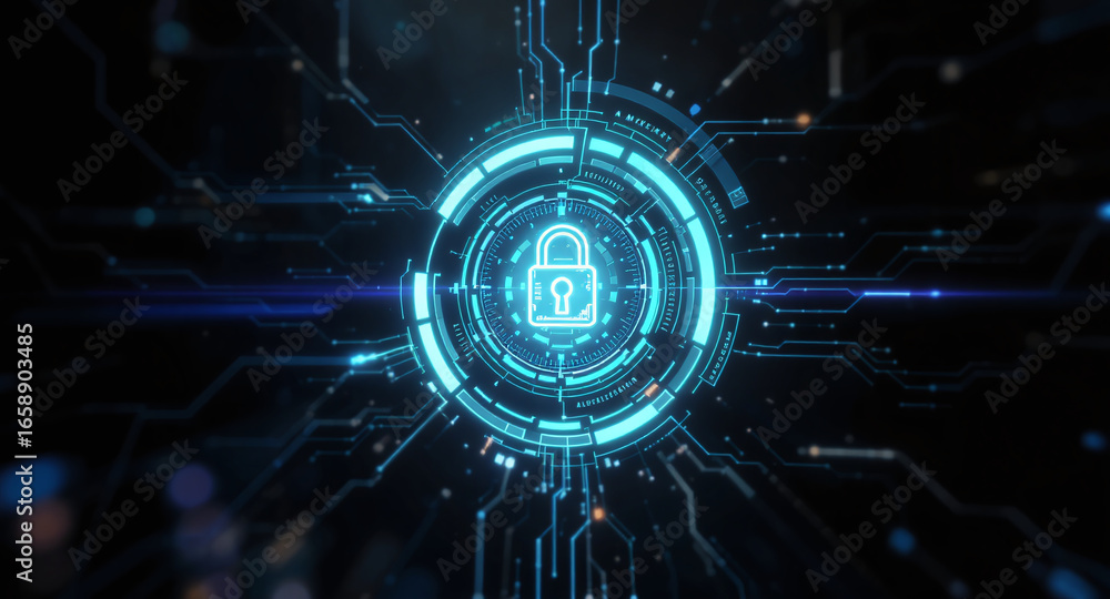 Poster high-tech glowing lock interface in dark background, digital security access panel, sci-fi design