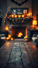 Cozy living room decorated for Halloween with glowing jack o lanterns candles fireplace and wooden table foreground