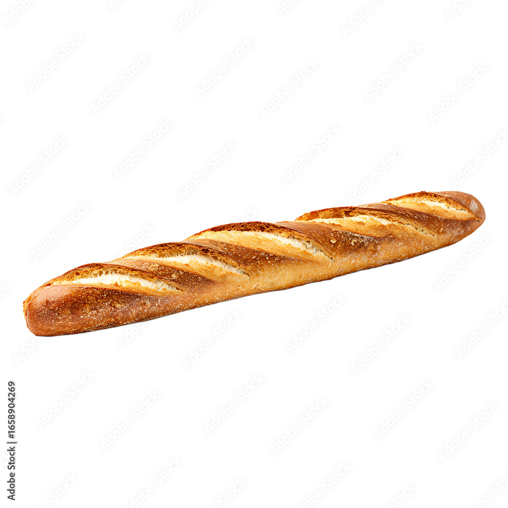 Poster a crusty baguette golden brown and scored lies against a stark backdrop the bread's rustic texture a