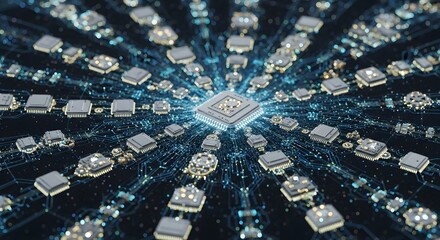 Central Processing Unit (CPU) with glowing digital connections, symbolizing AI, big data, and neural networks in a futuristic tech concept.