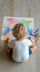 Young child sits on a wooden floor, engrossed in coloring a vibrant artwork with crayons