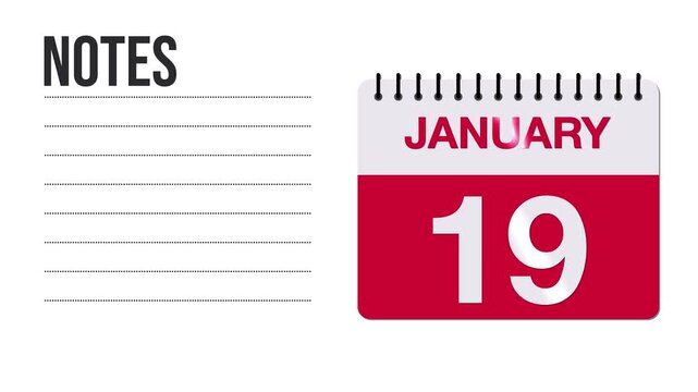 January 19 Calendar Animation with Free Space for Notes and Writing 4K motion graphic element