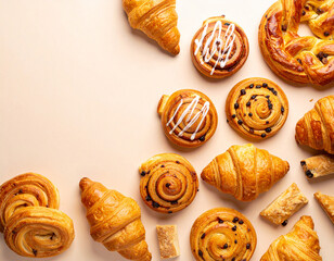 Golden Pastries: Croissants, Swirls, and Braided Bread on a Creamy Background