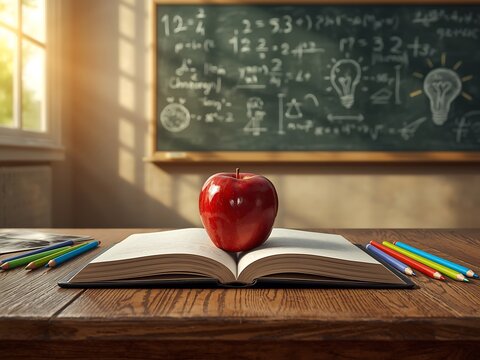 Back to school education concept with apple on book and chalkboard background in classroom setting