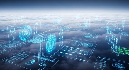 Cloud Computing & Data Network: Futuristic Holographic User Interfaces Floating Above Sky