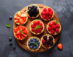 Overhead View of Assorted Fruit Tarts on Wooden Platter, Dark Background