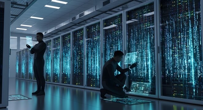 Engineers in Futuristic Data Center with Holographic Interface and Glowing Digital Data Stream