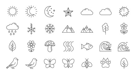 Collection of nature themed line art icons including weather animals and plants